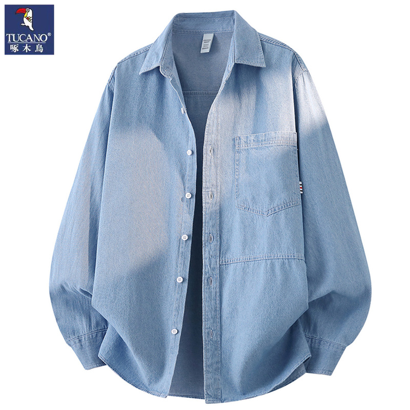 Woodpecker Denim Shirt Men's Korean Style Solid Color Versatile Long-Sleeved Shirt Spring and Autumn New Casual Stylish Pure Cotton Jacket