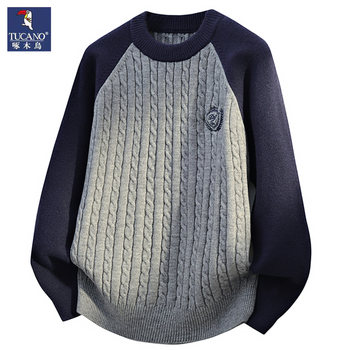 Woodpecker ເສື້ອ sweater ຄໍຮອບຜູ້ຊາຍທີ່ມີທ່າອ່ຽງສີທີ່ກົງກັນຂ້າມກັບເສື້ອ bottoming ດູໃບໄມ້ລົ່ນແລະລະດູຫນາວແບບໃຫມ່ຂອງເດັກຜູ້ຊາຍ twist ເສື້ອ sweater ຫນາ lazy
