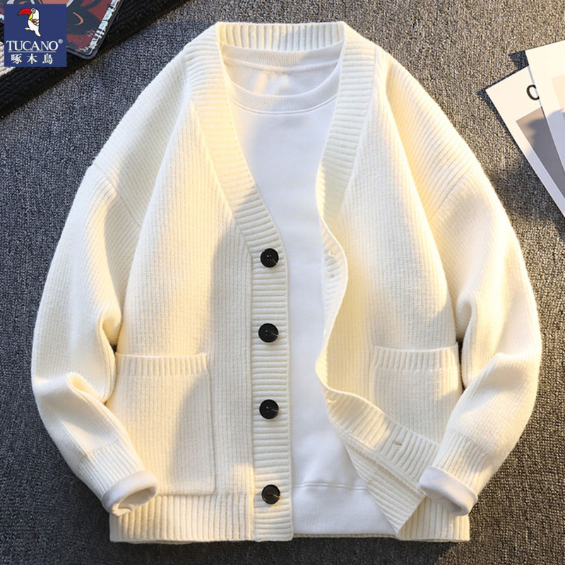 Woodpecker White Knitted Cardigan for Men 2026 New Japanese Style Loose Top Autumn Lazy V-Neck Sweater Jacket Woodpecker White Knitted Cardigan for Men 2026 New Japanese Style Loose Top Autumn Lazy V-Neck Sweater Jacket