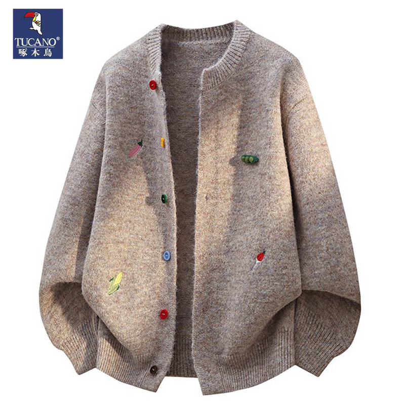 Woodpecker Knitted Cardigan for Men, Trendy Cartoon Embroidery Top, Spring and Autumn 2026 New Style, Lazy Loose Round Neck Jacket