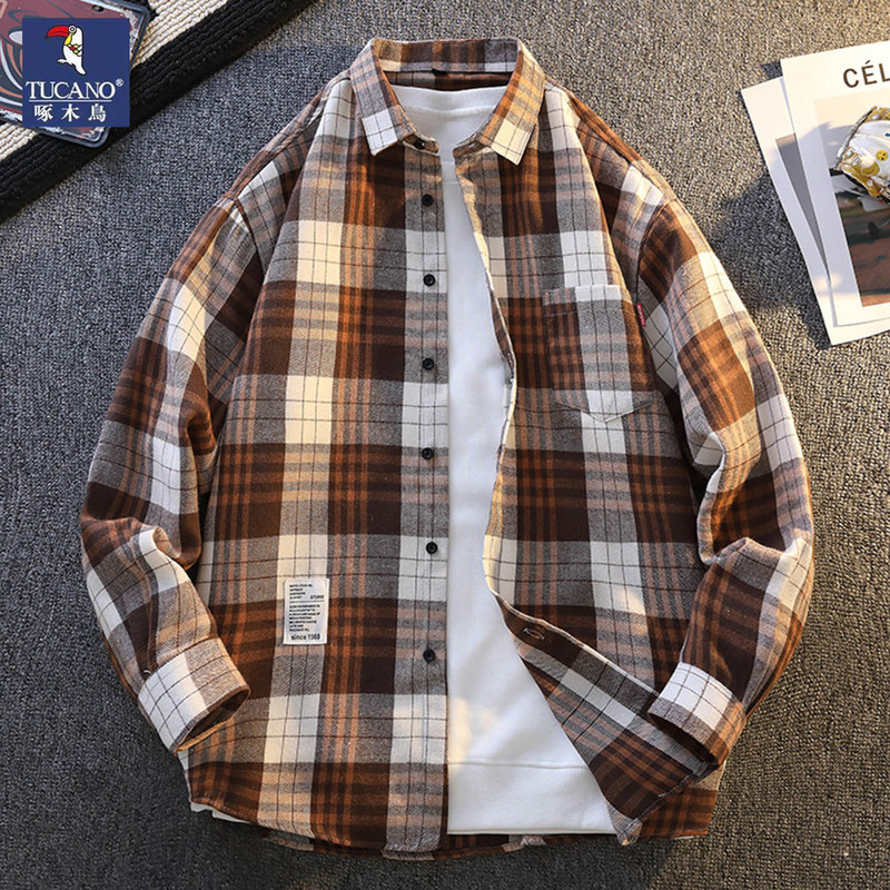 Woodpecker Plaid Shirt Men's Long-Sleeved Spring & Fall 2026 New Casual Versatile Top American Fashion Brand Shirt Jacket