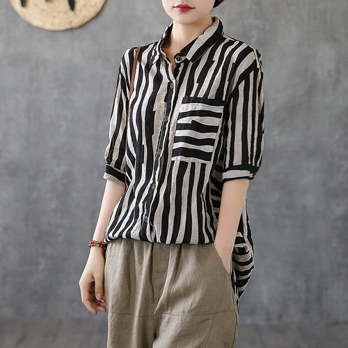 Летняя рубашка, короткий рукав, свободный крой, из хлопка и льна