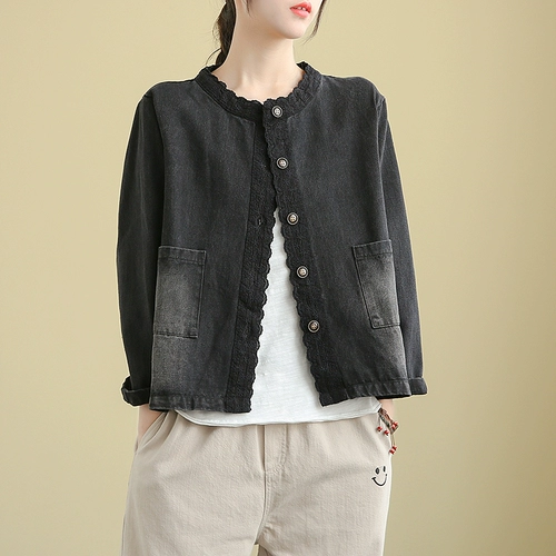 Черная джинсовая юбка, осенняя куртка, лонгслив для отдыха, свободный крой, по фигуре