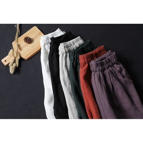 Приталенные весенние штаны, высокая талия, из хлопка и льна, свободный прямой крой