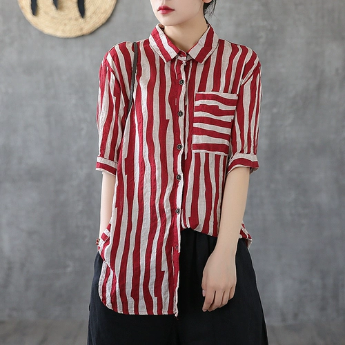 Летняя рубашка, короткий рукав, свободный крой, из хлопка и льна