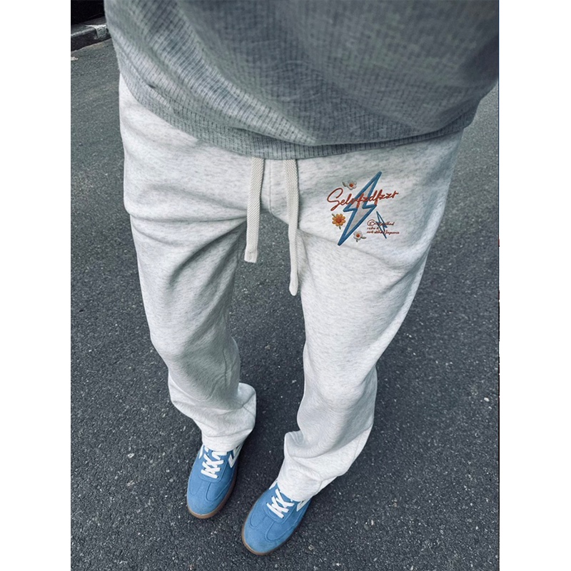 American High Street Fashion Brand Lightning Letter Print Casual Loose Long Pants Men's Autumn and Winter Fleece-Lined Thickened Straight-Leg Sweatpants
