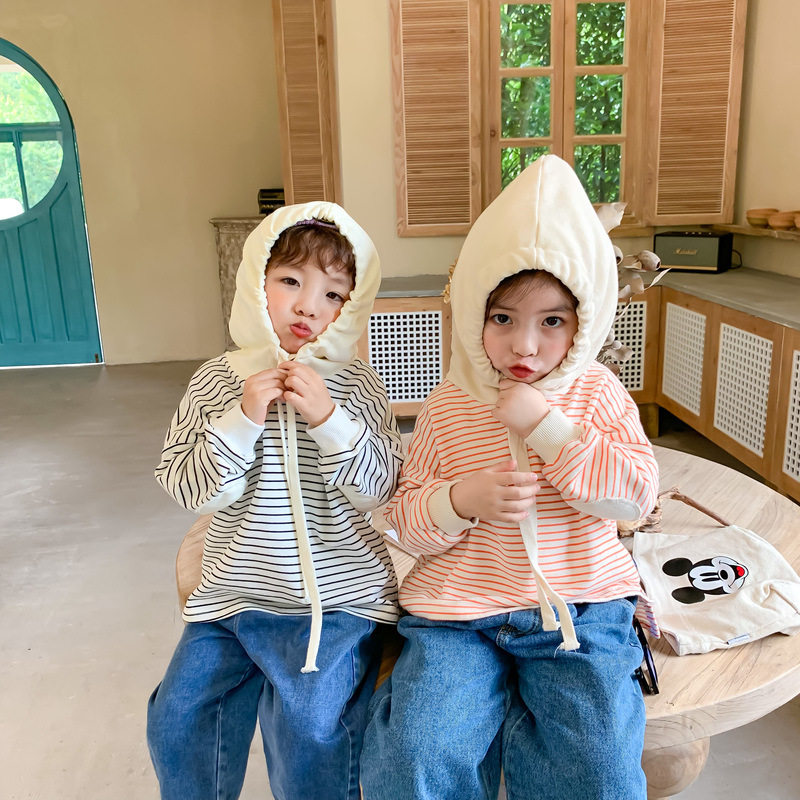 Qiao children's clothing Korean version of children's striped hooded sweatshirt autumn clothing boys and girls loose pullover top tide boy baby