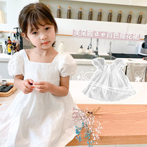 Girls Summer Dress Retro French Puff Sleeve Skirt Childrens White Jacquard Palace Sleeve Dress Childrens Princess Dress