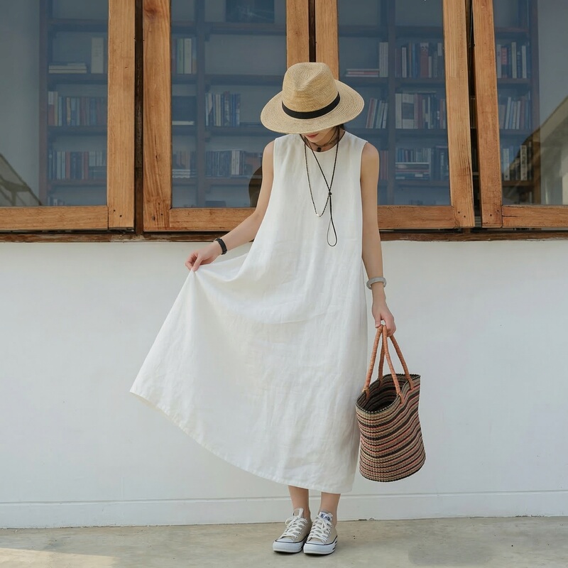 High-Quality Linen Dress, Fashionable and Cool, Sleeveless with Lining, Cocoon-Shaped Pullover, Long Artistic Cotton-Linen Dress for Summer