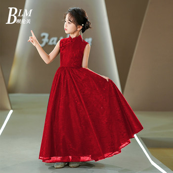 New Chinese-Style Girls' Dress, Light Luxury, Niche, Runway Show, Host, Piano, Guzheng Performance Outfit, Traditional Chinese Style Red Dress