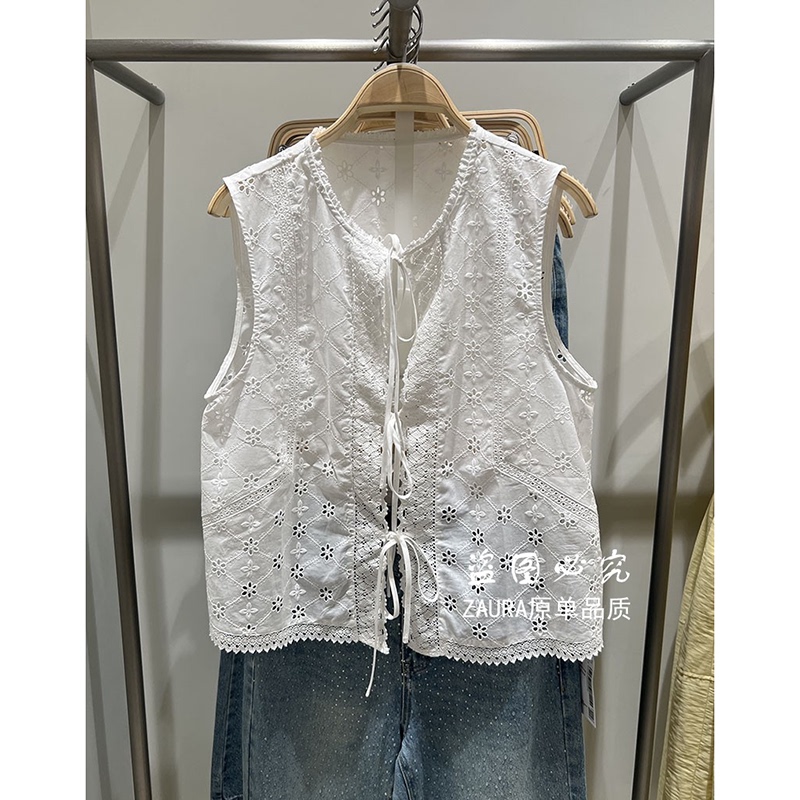 Nb&Ur Summer Women's Clothing Sweet and Spicy Style Loose Round Neck Bow Tie Sleeveless Embroidered Vest Shirt Top for Women