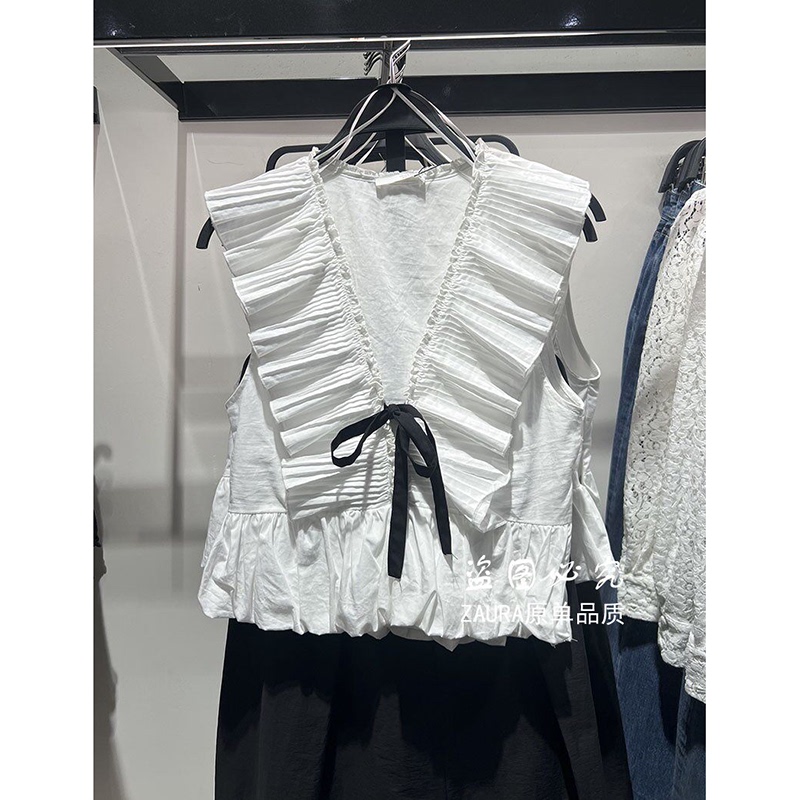 Nb&Ur New Spring and Summer Women's Clothing, Sweet Style, Loose Sleeveless V Neck Small Pleated Vest with Bow Decoration 5029140