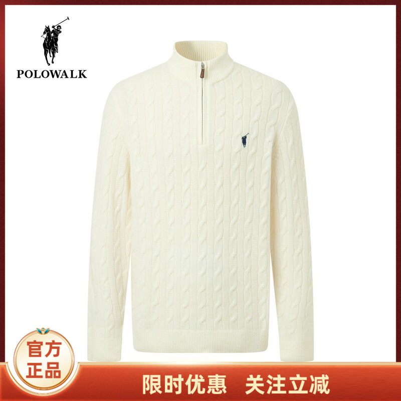 【100% Sheep Wool】Polowalk Men's Wool Sweater 2026 Autumn/Winter New Half-Zip Cable Knit Pullover