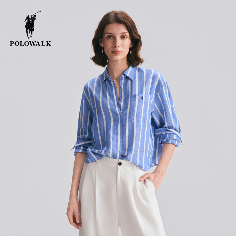 【Contains Linen】Polowalk Women's Long-Sleeve Shirt 2026 Summer New Striped Slimming Lapel Shirt 【Contains Linen】Polowalk Women's Long-Sleeve Shirt 2026 Summer New Striped Slimming Lapel Shirt