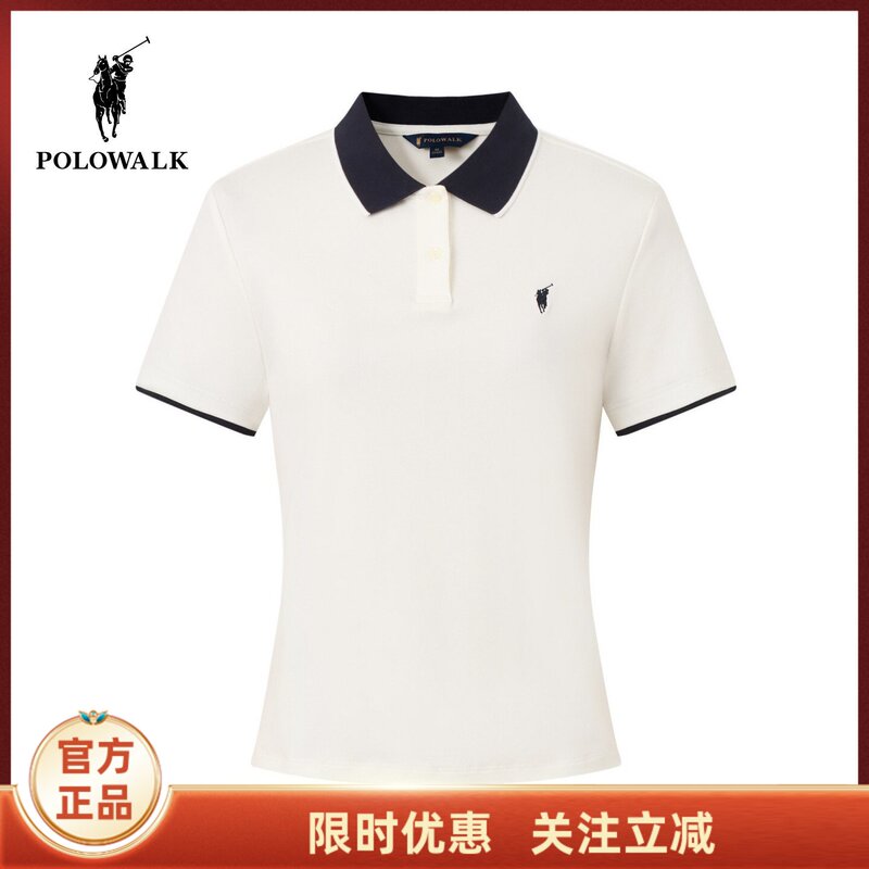 Polowalk Women's Short-Sleeved Polo Shirt 2026 Summer New Product Contrasting Color Lapel Slim Fit Knitted Polo Shirt