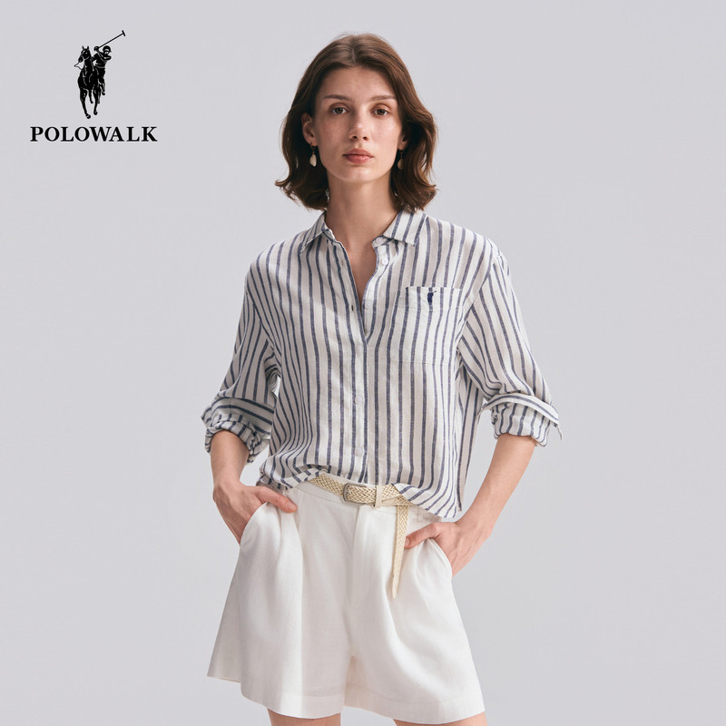 【Contains Linen】Polowalk Women's Short-Sleeve Shirt 2026 Summer New Arrival Color-Block Striped Slimming Shirt 【Contains Linen】Polowalk Women's Short-Sleeve Shirt 2026 Summer New Arrival Color-Block Striped Slimming Shirt