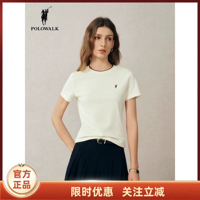 Polowalk Short-Sleeved Round Neck T-Shirt for Women 2025 Summer New Fashion Casual Slim-Fitting Solid Color Top