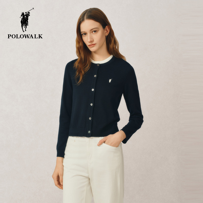 Polowalk Women's Long-Sleeved Knitted Cardigan Spring Fashion Simple Work Clothing Round Neck Sweater Jacket