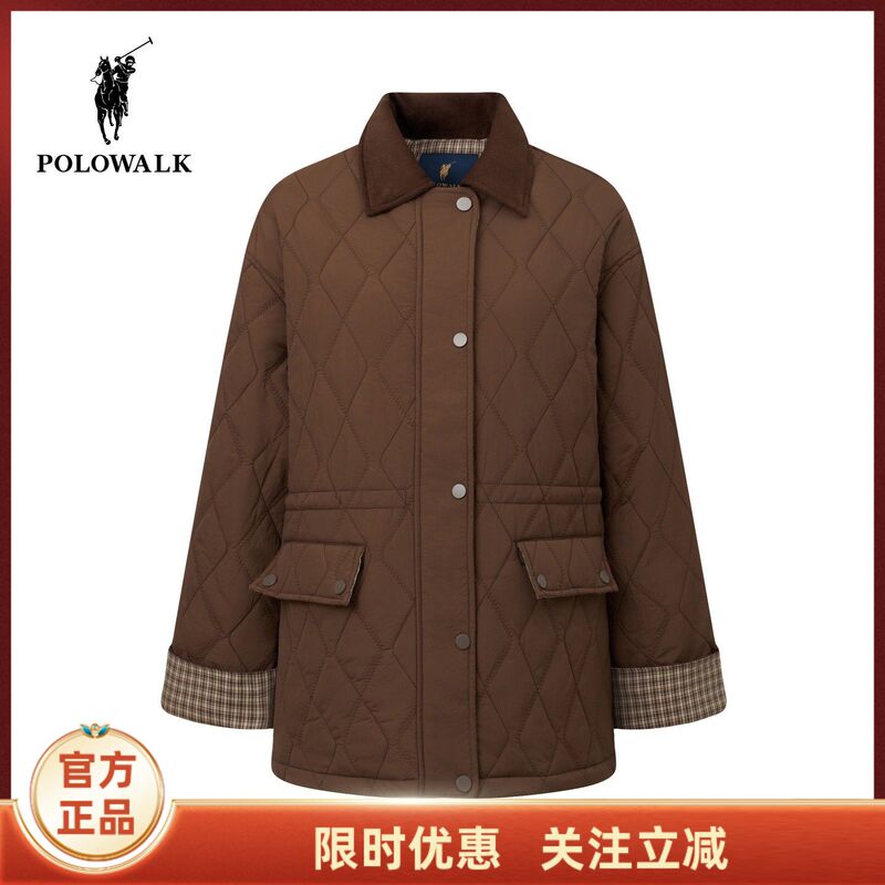 Polowalk Women's Cotton Jacket 2025 Winter New Product Lapel Retro Waist Slimming Fashion Quilted Jacket