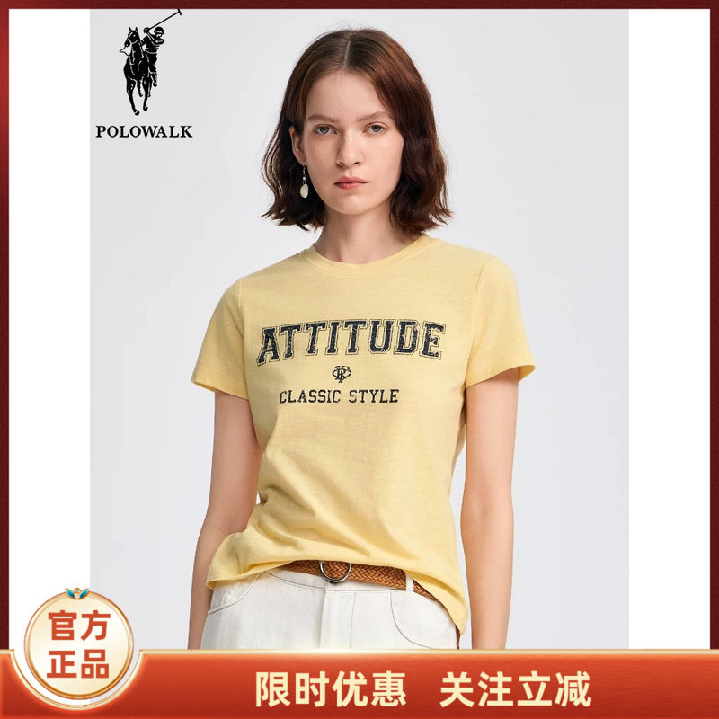 Polowalk Women's Clothing 2026 Summer New Women's Short-Sleeved Round Neck T-Shirt with Letters, Versatile Basic T-Shirt for Women