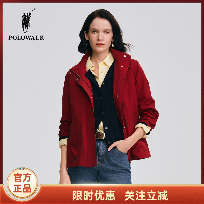 Polowalk Women's Jacket 2026 Spring and Autum New Hooded Workwear Style Waist Drawstring Red Casual Jacket