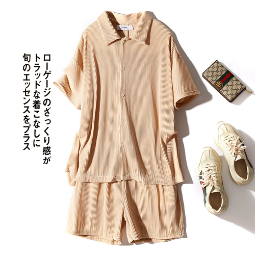 Рубашка, мужской летний японский комплект, шорты, штаны, свободный крой, короткий рукав