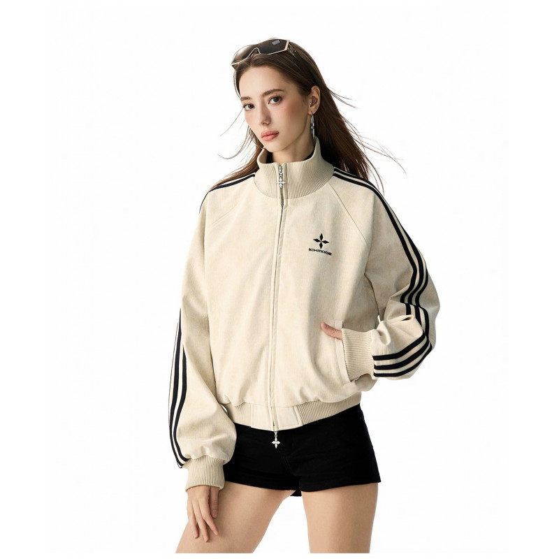 Ichmode【Litchi-Pattern Leather Jacket】Autumn Three-Stripe Color-Block Unisex Pu Leather Jacket with Stand Collar Ichmode【Litchi-Pattern Leather Jacket】Autumn Three-Stripe Color-Block Unisex Pu Leather Jacket with Stand Collar