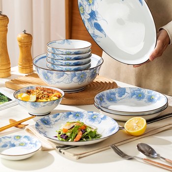 Japanese-Style Ceramic Tableware Set with Pear Blossom Design, Suitable for Home Use and Gift-Giving, Made from Jingdezhen Underglaze High-Temperature Ceramic