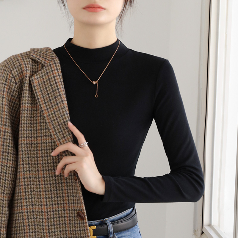 Half-High Collar Long-Sleeve T-Shirt, Spring and Autumn Style, Regular Shoulder T-Shirt, Mid-Neck Top, Black Small Stand-Up Collar Base Shirt for Women, Slim Fit Inner Wear