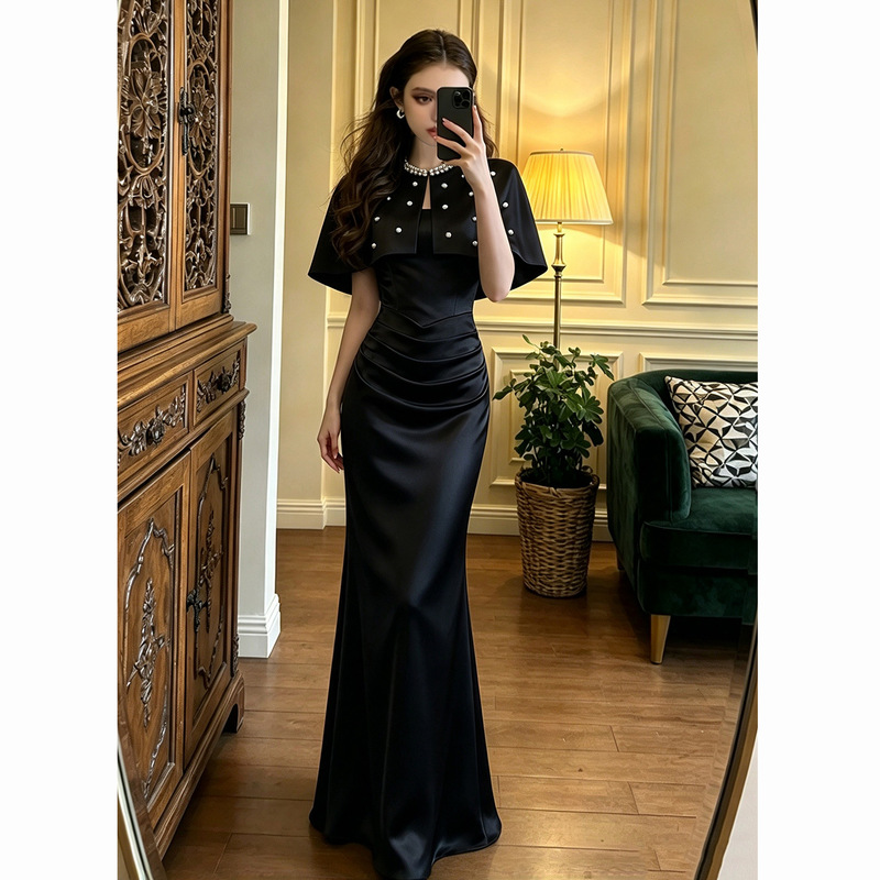 Evening Dress for Women, High-End Black Hostess Dress for Talent Shows, Coming-Of-Age Ceremonies, Birthday Parties, Elegant and Slimming, 2026