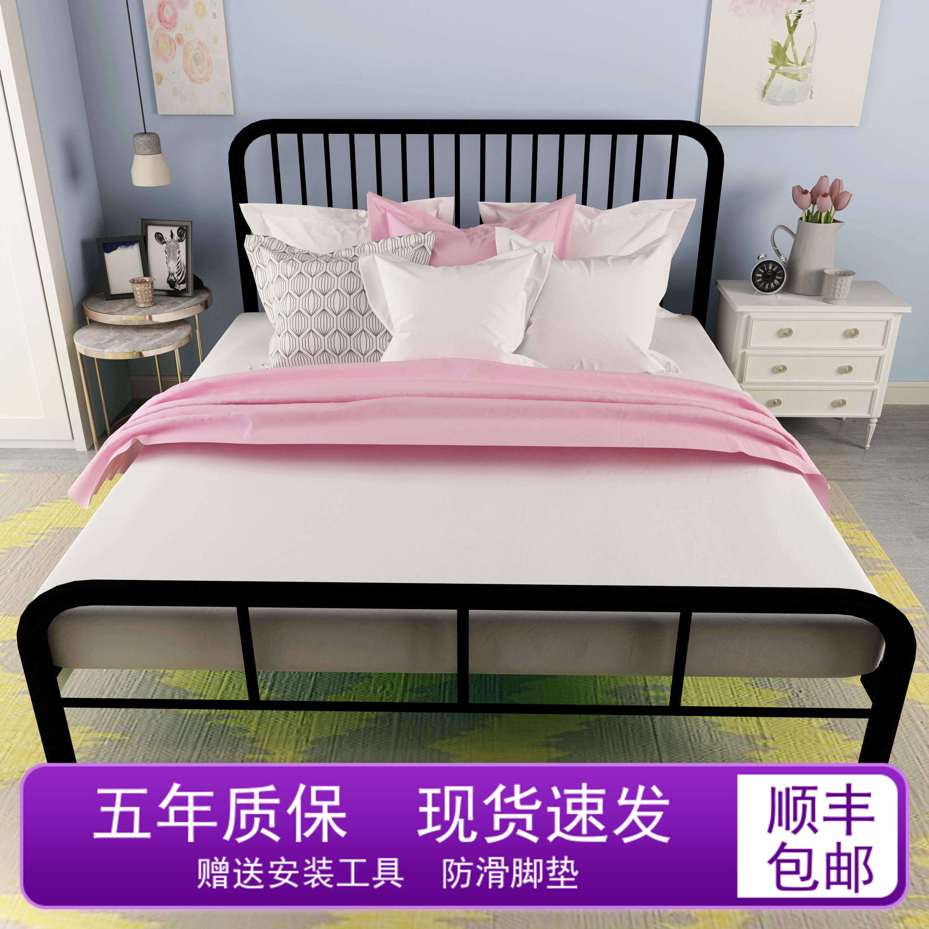 Wrought iron bed iron bed 1.5 double Nordic simple modern light luxury children single folding free installation 1.8 princess bed