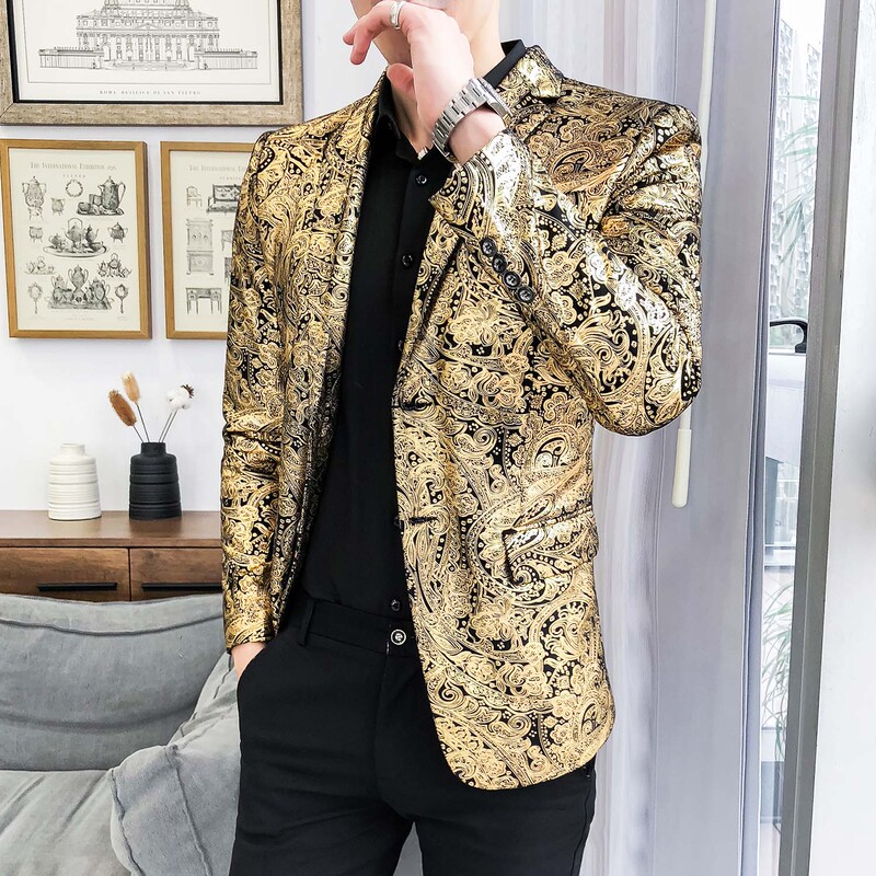 Trendy Brand Gold-Stamped Jacquard Suit Slim Fit Men's Korean Style Trendy Hairstylist Nightclub Host Suit Men's Jacket