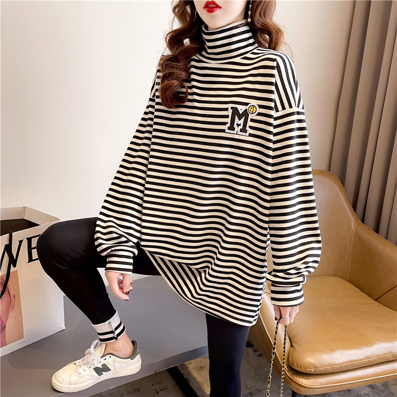 2026 New Autumn and Winter Korean Style Velvet Turtleneck Base Shirt, Loose Mid-Length Striped Long-Sleeve T-Shirt for Women ins