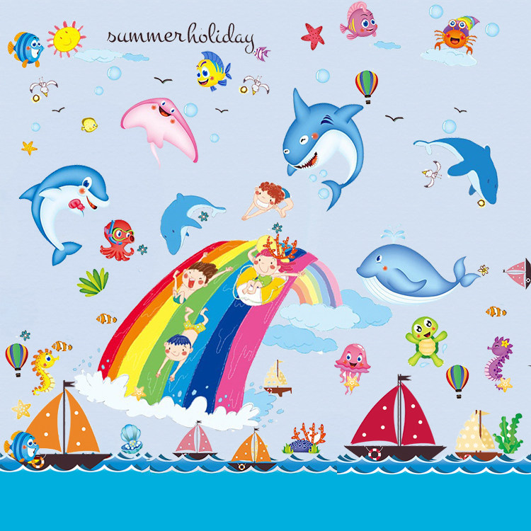 Self-adhesive waterproof wallpaper cartoon children's room sea world girls dormitory warm bedroom furniture renovation stickers
