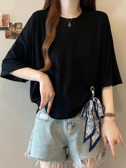 Новая летняя шелковая футболка-поло 2025 года с коротким рукавом, больших размеров, для полных женщин, серая, утягивающая, скрывающая живот, с рукавом до локтя