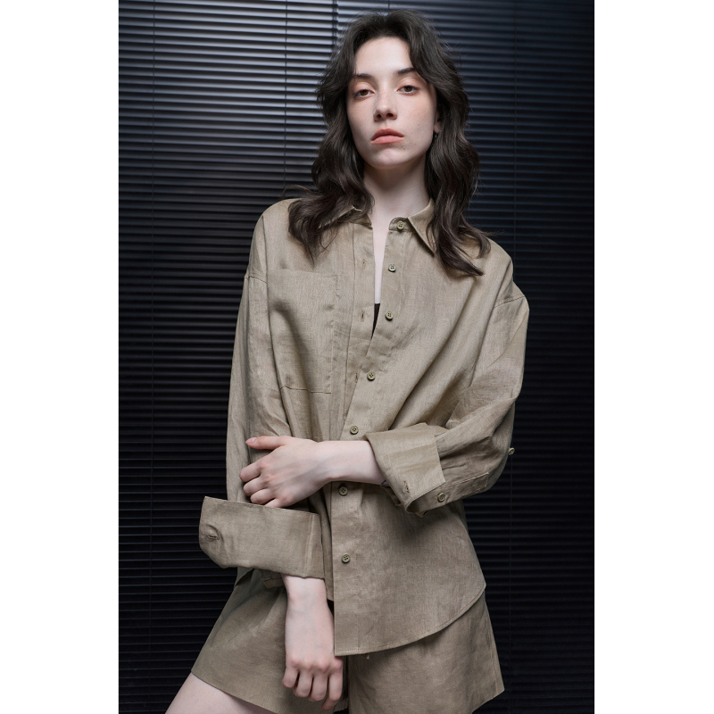 Moment Pure Linen Khaki Brown Long-Sleeved Lapel Shirt for Women 2026 Summer New Style Light and Luxurious Moment Pure Linen Khaki Brown Long-Sleeved Lapel Shirt for Women 2026 Summer New Style Light and Luxurious