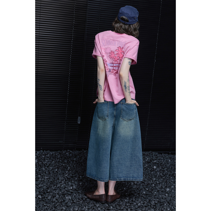 Moment Pink Pure Cotton Printed Short-Sleeved T-Shirt for Women 2026 Summer New Style Loose Shoulder Design Niche Moment Pink Pure Cotton Printed Short-Sleeved T-Shirt for Women 2026 Summer New Style Loose Shoulder Design Niche