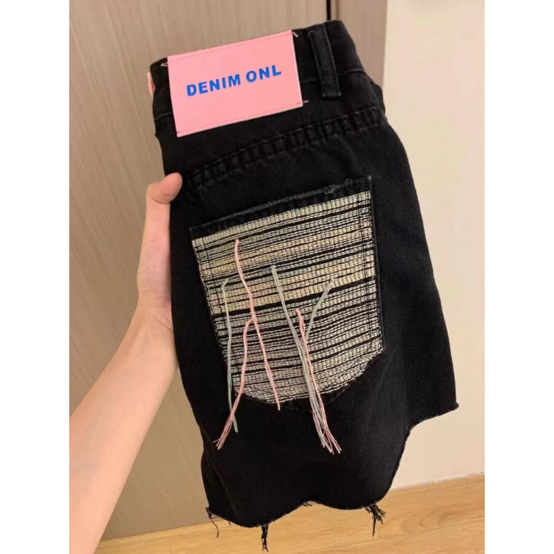 Black Ripped Denim Shorts for Women, Summer Thin Style, Plus Size, High Waist, A-Line, Wide Leg, Pocket Embroidery, Tassel Hot Pants