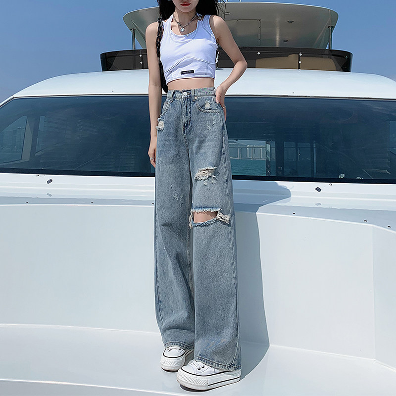 Broken Hole Jeans Woman Summer Thin height waist wide leg loose 2022 New display slim straight tube design Feel Pants