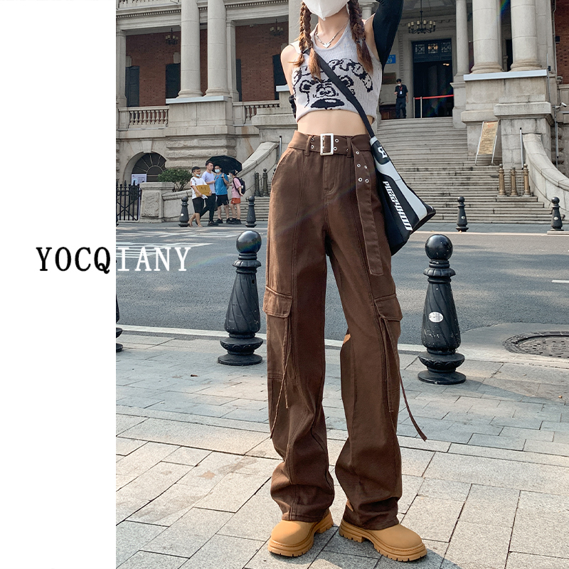 Brown Work Pants for Women, Straight-Leg Jeans, High-Waisted, Loose Fit, Early Autumn 2022 New Style, Slimming, European and American Wide-Leg, Floor-Length