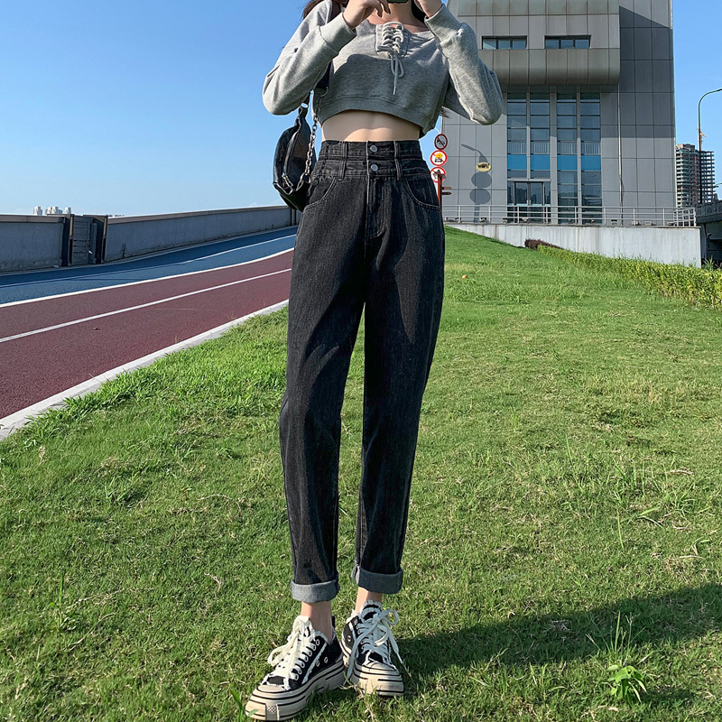 2021 new gray and black harem jeans women's spring and autumn straight loose and thin and tall Lob dad pants