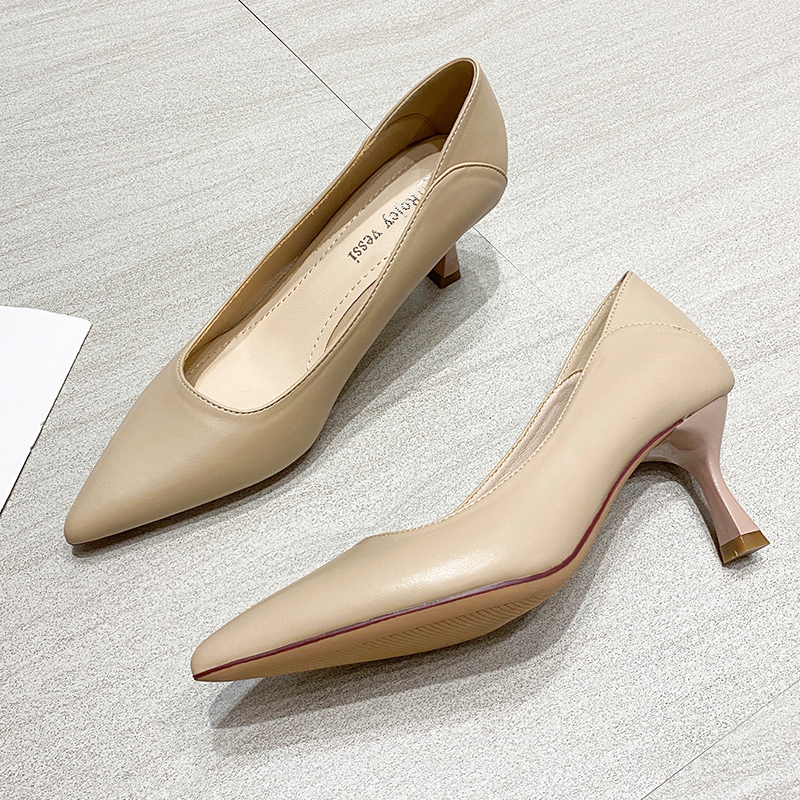 Pointed Toe Small-Heeled Shoes, French-Style Girl's High Heels, Women's Stiletto Heels, Soft Leather, Soft Heel, Non-Abrasive, Nude Color, Professional Work Shoes