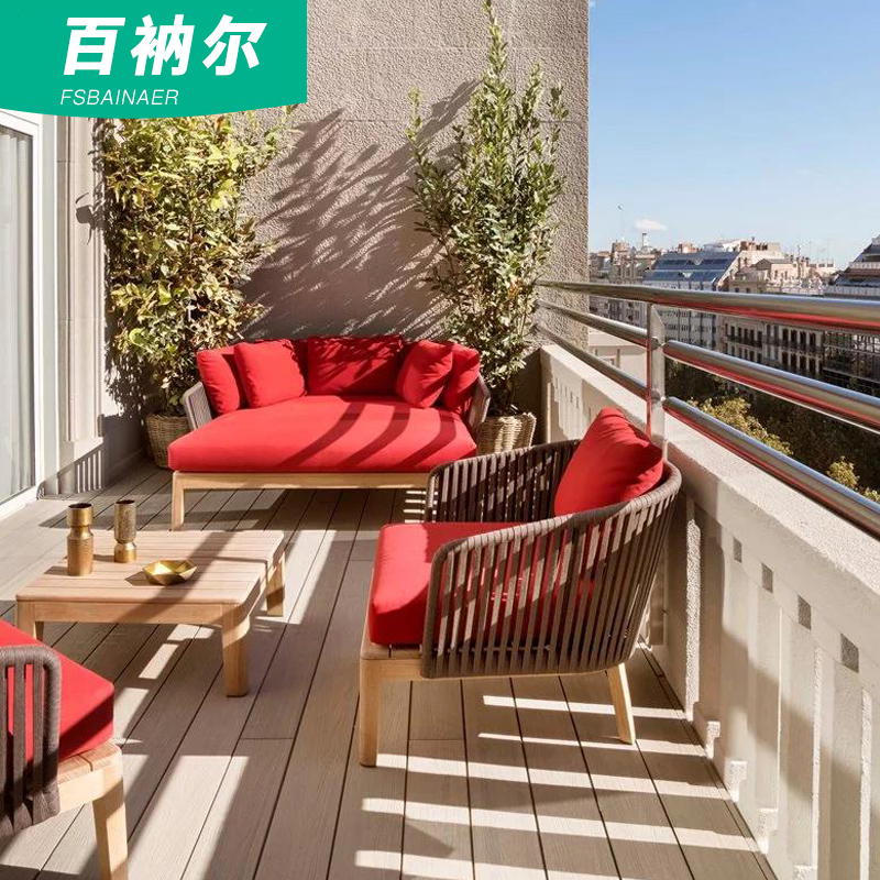 Teak Wood Outdoor Sofa Patio Terrace Furniture Nordic Villa Outdoor Open-air Garden Vines Chair Sofa Tea Table Combinations