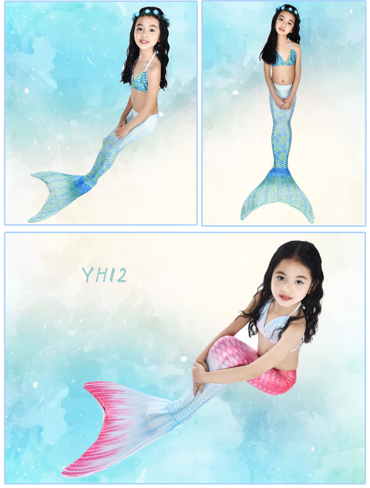 Trẻ em của nàng tiên cá áo tắm nàng tiên cá đuôi cô gái mermaid costume swimwear ba mảnh có thể được trang bị mắt cá chân