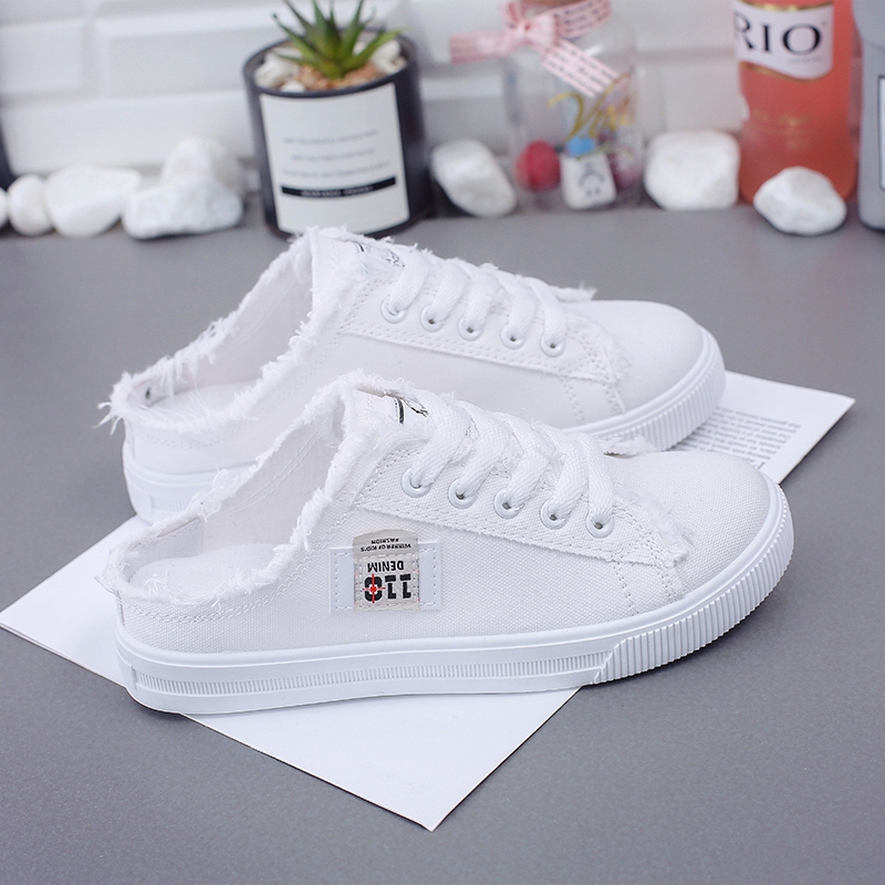 Canvas Shoes, Half-Slip On, Women's Outdoor Wear, 2026 New Spring and Summer Breathable, Heelless, Slip-On, Flat-Soled White Shoes