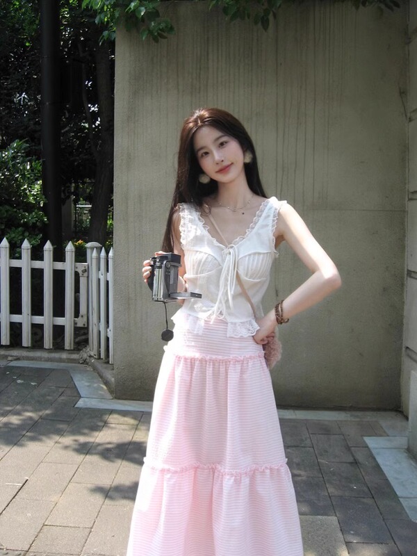 Dopamine Style Beach Vacation Outfit, Super Fairy-Like Cake Long Dress, Spaghetti Strap Dress Set for Women, Summer