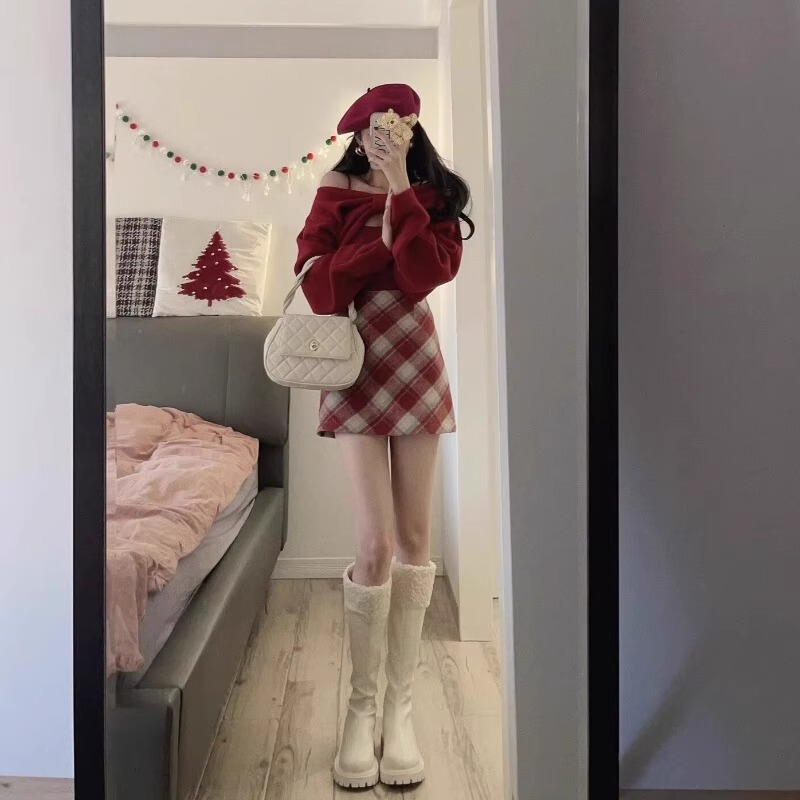 Disney Christmas Outfit New Year's Outfit Feminine Hip-Hugging Short Skirt Red Sweater Set Sweet Girl Autumn and Winter Disney Christmas Outfit New Year's Outfit Feminine Hip-Hugging Short Skirt Red Sweater Set Sweet Girl Autumn and Winter