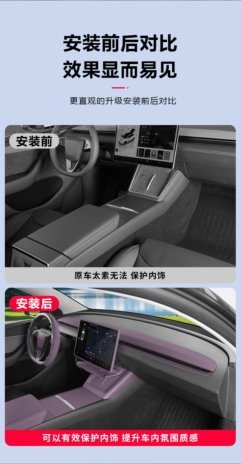 Suitable for Tesla's New Model 3/Y/Yl Center Console Dashboard Foggy Purple Interior Film Modification Accessories