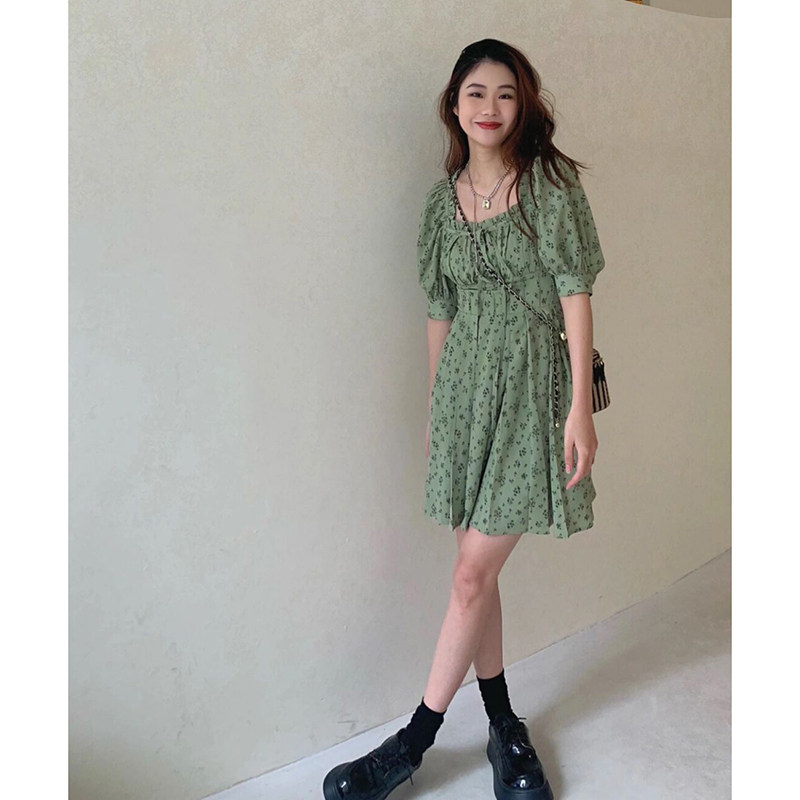 2022 Summer new French style square collar High waist small sub tea Broken Flowers Foreign Dress Women Casual Temperament Skirt