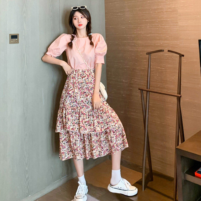 Large Size Yard Summer Bubble Cuff Blouse Blouse dress with matching women's set of fashion Elegant Wind Suit Skirt